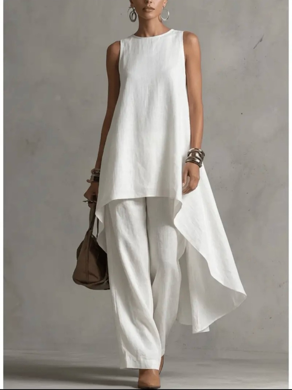 Women’s White High-Low Tunic & Wide-Leg Pants Set Sleeveless